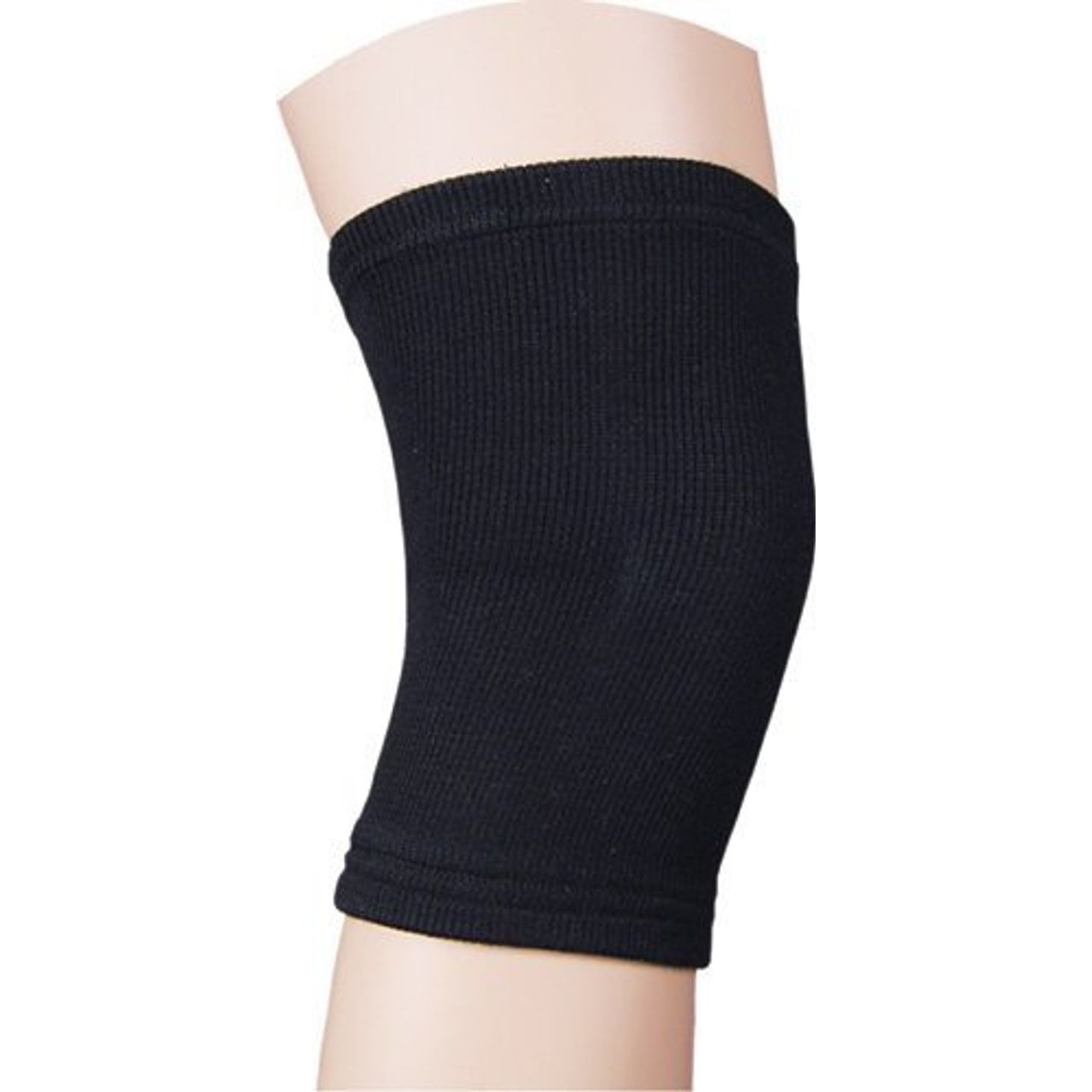 Black elastic knee support by Bell-Horn in large size (16-18), shown on a leg for stability and compression.