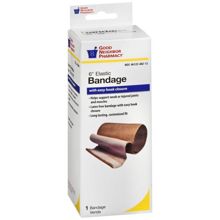 Good Neighbor Pharmacy 6-inch elastic self-adhering bandage by Pasteur Pharmacy, shown wrapped around a limb for support.