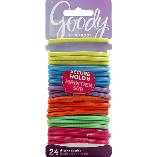 Silicone elastic hair ties from Goody by Pasteur Pharmacy shown in a close-up image on a white background.