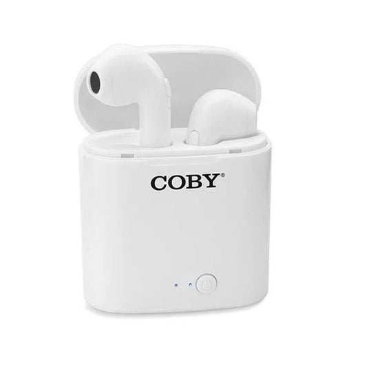 White Coby Electronics True Wireless Earbuds with compact design and charging case, ideal for listening on the go.