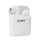 White Coby Electronics True Wireless Earbuds with compact design and charging case, ideal for listening on the go.