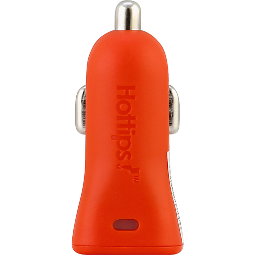 Hottips 2.4 dual USB car charger connected to a vehicle's cigarette lighter socket for charging devices.