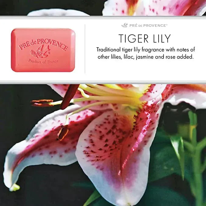 Pre De Provence Tiger Lily Shea Butter Enriched Vegetable Soap, 250g, with floral design and creamy texture visible.