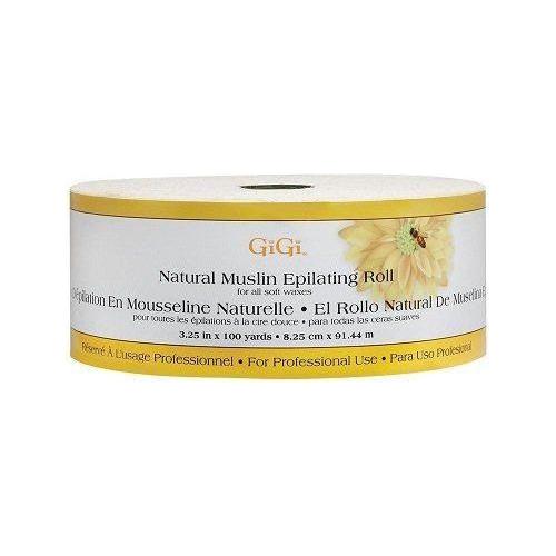 Gigi Natural Muslin Epilating Roll from Pasteur Pharmacy, 3.25 inches wide and 100 yards long, shown in a rolled layout.