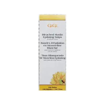 Gigi Bleached Muslin Epilating Strips by Pasteur Pharmacy, small size 1.75 x 4.5 inches, 100 strips for hair removal.