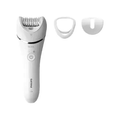 Philips Epilator Series 8000 BRE700/04 with 3 accessories, designed for hair removal, shown in a close-up image.
