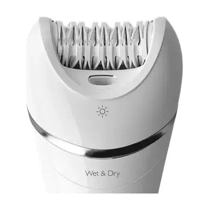 Philips Epilator Series 8000 BRE700/04 with three accessories, showing the handheld epilator device and attachments.