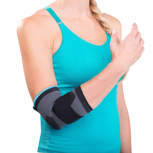 Black medium Donjoy Advantage elastic elbow brace for sprains, strains, golfer's and tennis elbow, from DJO Consumer LLC.