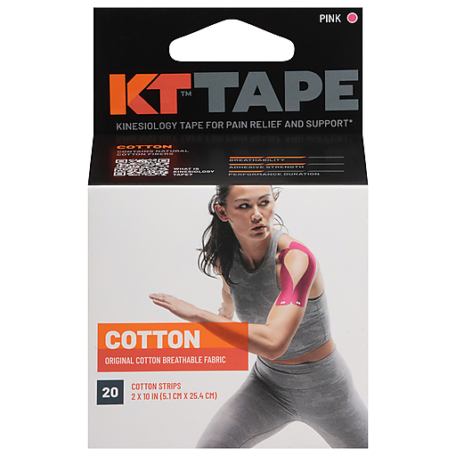 Pink KT Tape kinesiology therapeutic body tape roll with 20 strips, used for exercise and fitness support.
