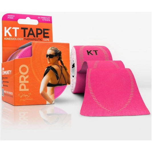 KT Tape Pro therapeutic kinesiology strips in Hero Pink, used for exercise and fitness muscle support and pain relief.