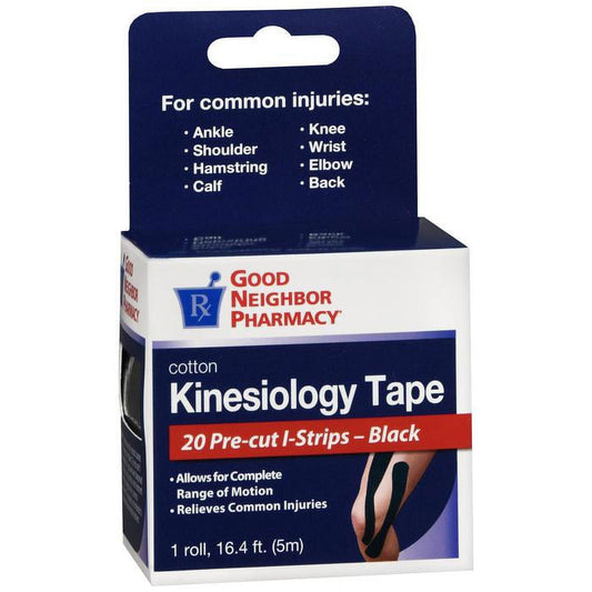 Black kinesiology tape from Silver Rod Pharmacy GNP Cotton, 20-count package, designed for exercise and fitness support.