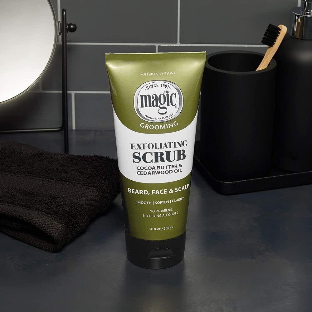 Pasteur Pharmacy Magic Grooming Exfoliating Scrub in a 6.8 fl oz bottle, showing the container with the product label.