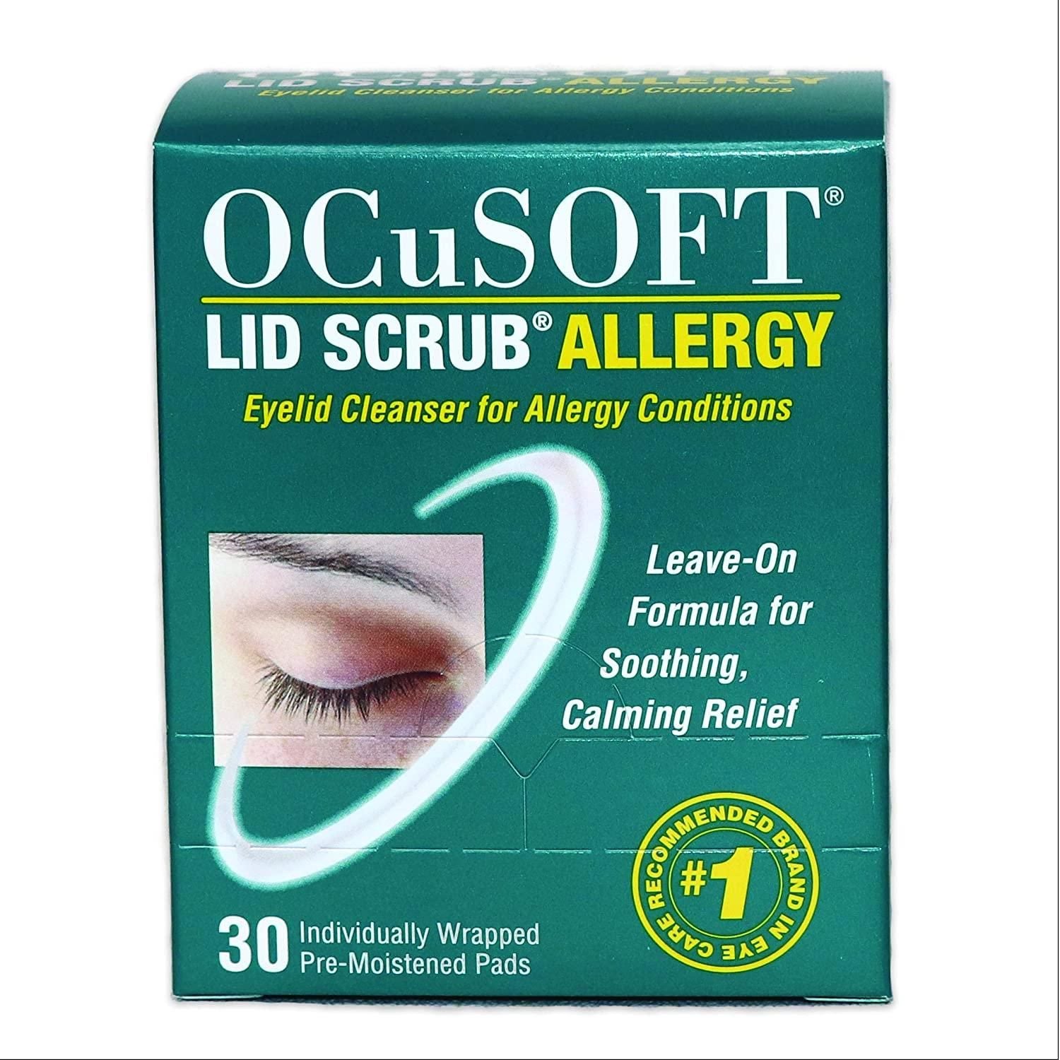 OCuSOFT Lid Scrub Allergy eye care pads for eyelid cleansing, featuring 30 pads for soothing and allergy relief.