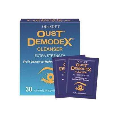 Ocusoft Demodex Cleanser Extra Strength Pads for eye care, 30 count, by Pasteur Pharmacy, shown in a pack of eye cleanser pads.