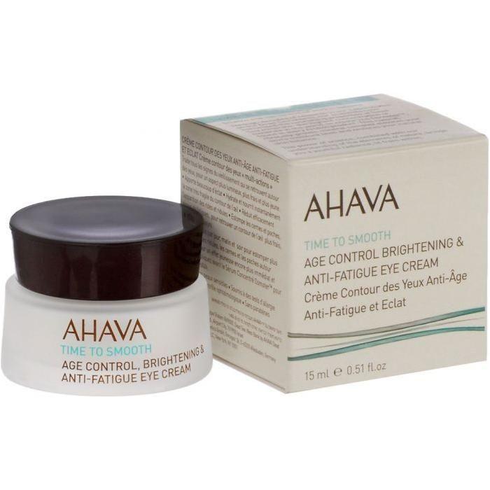 Ahava Time To Smooth Age Control Brightening and Anti-Fatigue Eye Cream in 0.51 oz container showing the product label and applicator.