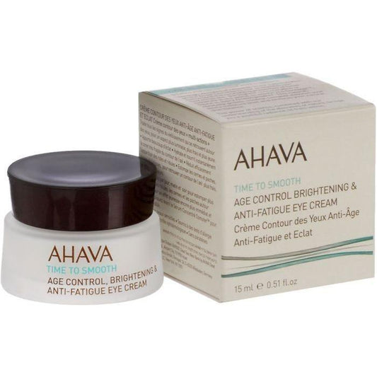 Ahava Time To Smooth Age Control Brightening and Anti-Fatigue Eye Cream in 0.51 oz container showing the product label and applicator.