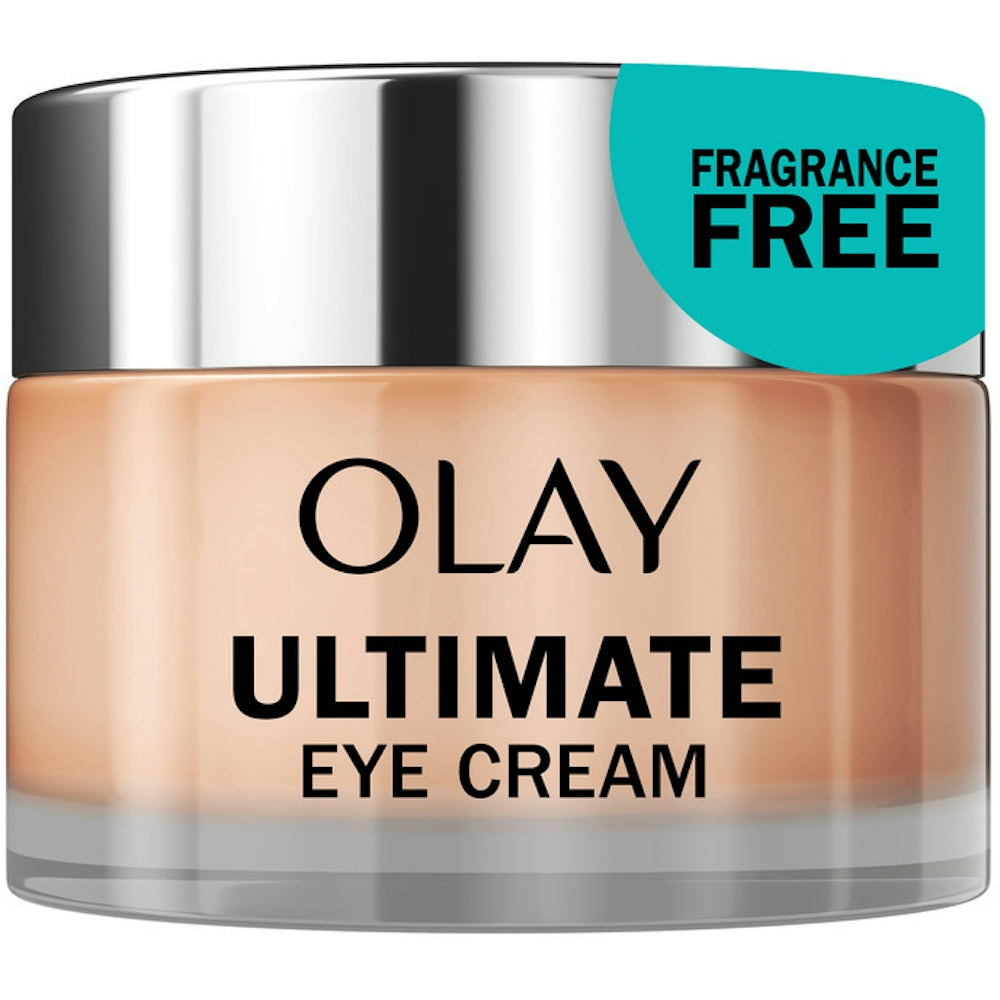 Olay Ultimate Eye Cream for wrinkles, puffiness, and dark circles in 0.4 fl oz tube, designed for sensitive under-eye skin.