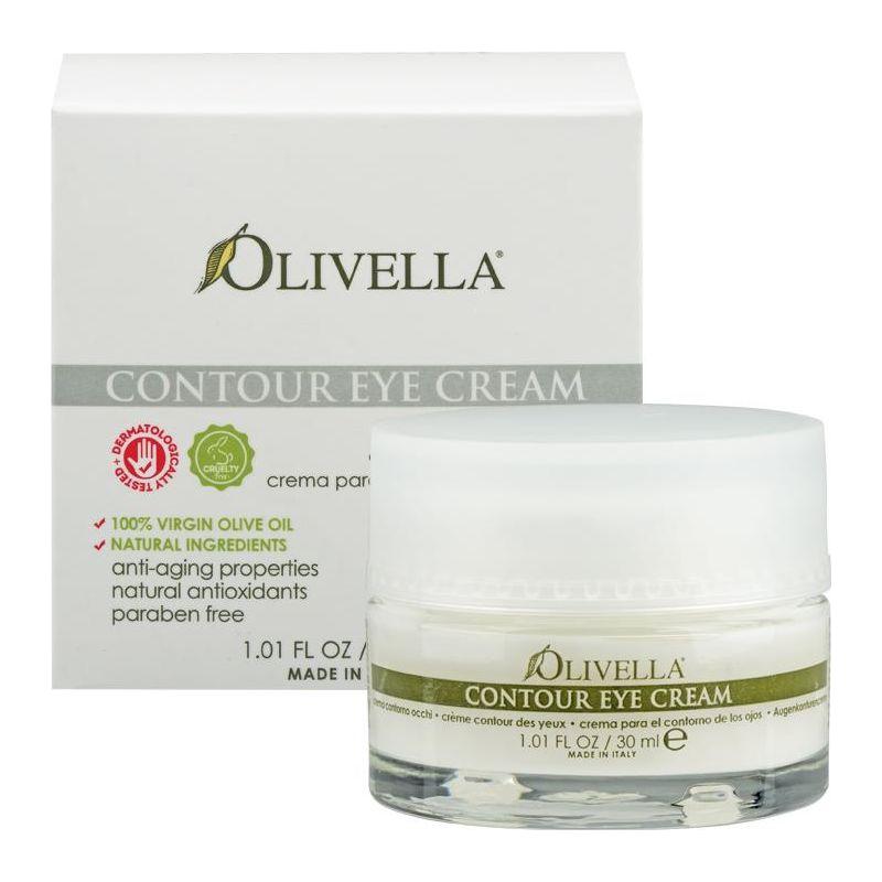 Olivella Contour Eye Cream in 30ml jar, creamy formula with natural ingredients, designed to reduce puffiness and dark circles