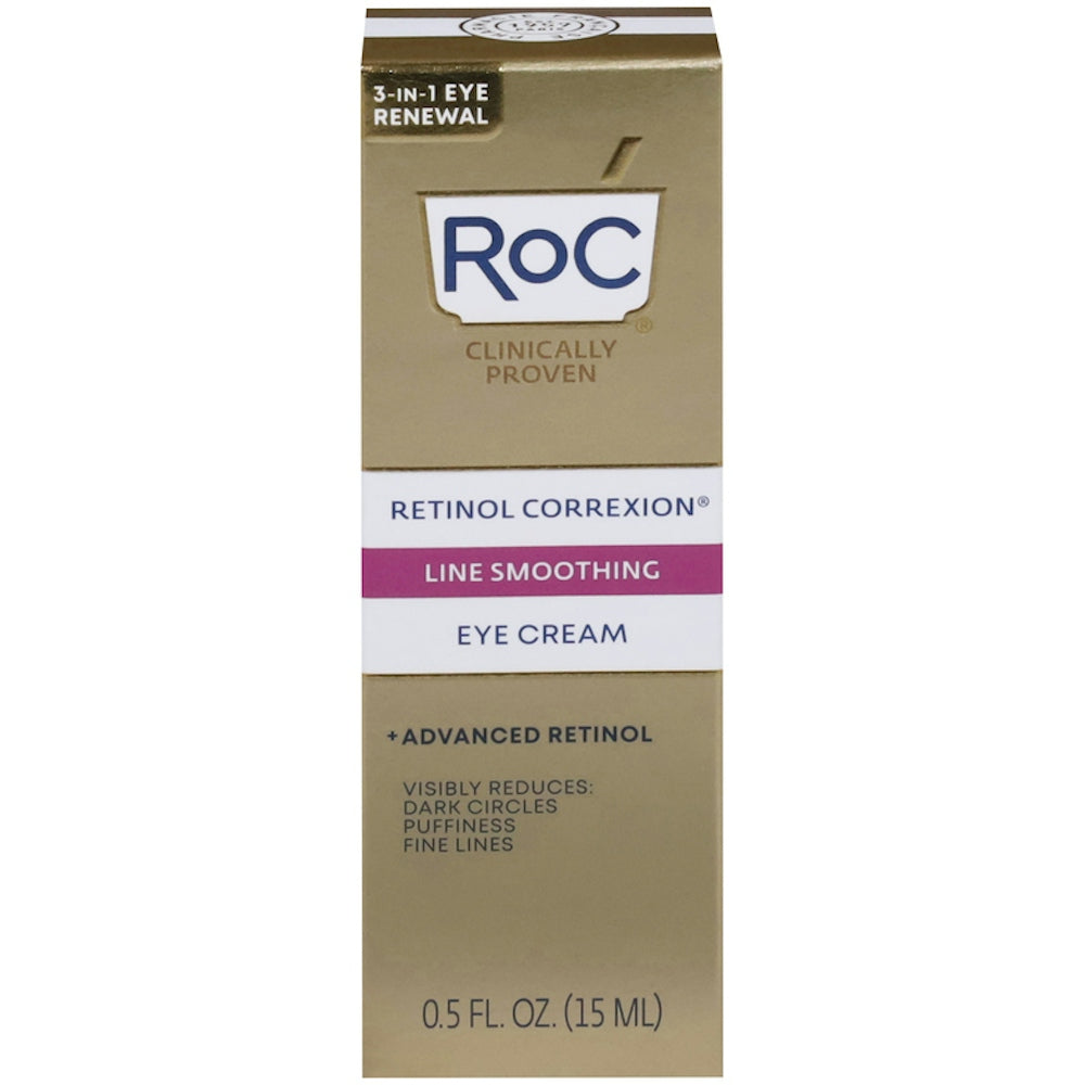 RoC Retinol Correxion eye cream in a jar, designed to reduce wrinkles, dark circles, and puffiness around the eyes.