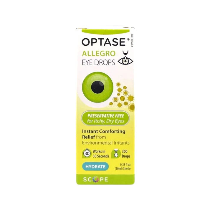 Optase Allegro eye drops in 0.33 oz bottle for dry eyes, allergies, and itching relief by Pasteur Pharmacy.