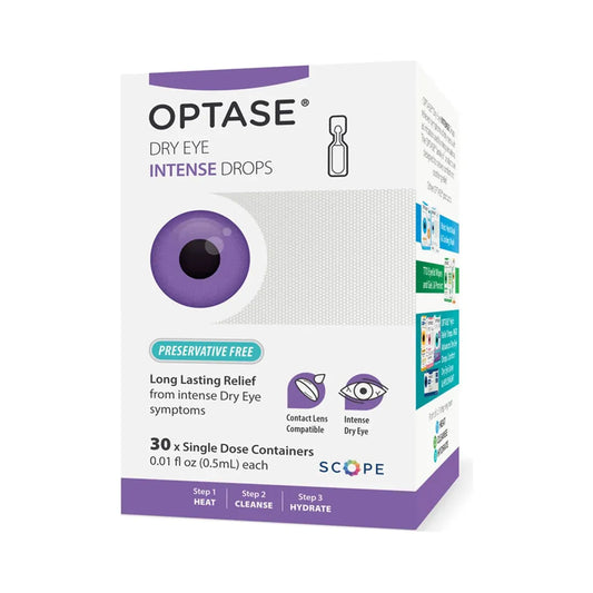 Optase Dry Eye Intense Eye Drops by Pasteur Pharmacy in 30 single-dose containers for dry eye relief.