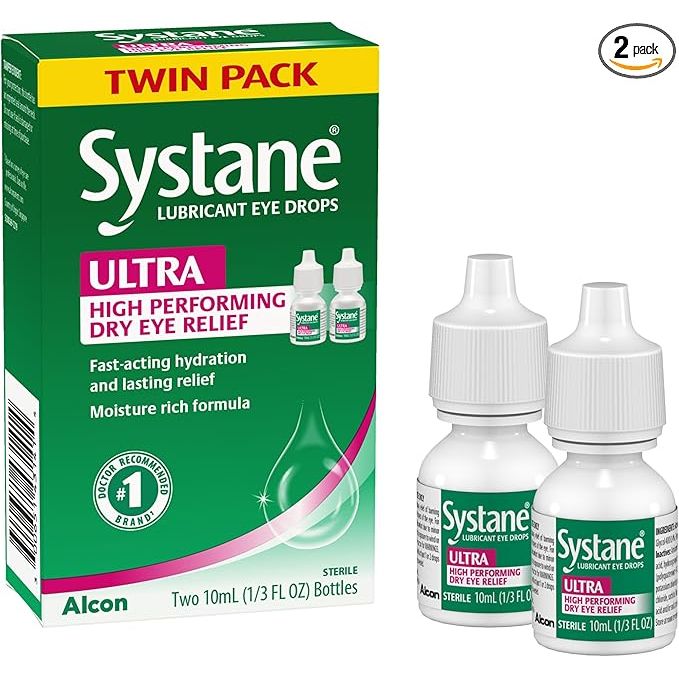 Systane Ultra PF lubricant eye drops in a 25-count bottle, designed to relieve dry and irritated eyes.
