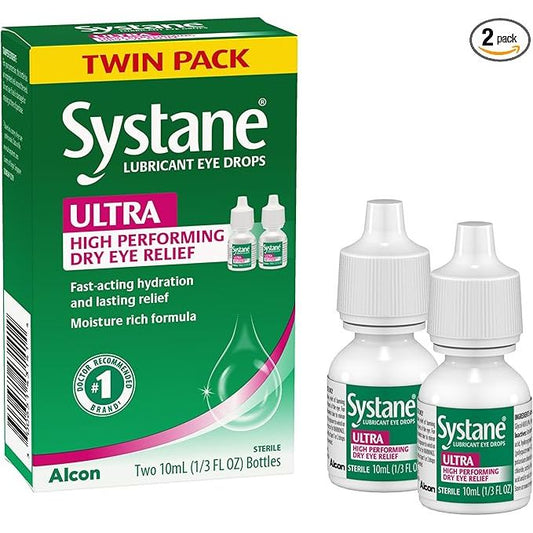 Systane Ultra PF lubricant eye drops in a 25-count bottle, designed to relieve dry and irritated eyes.