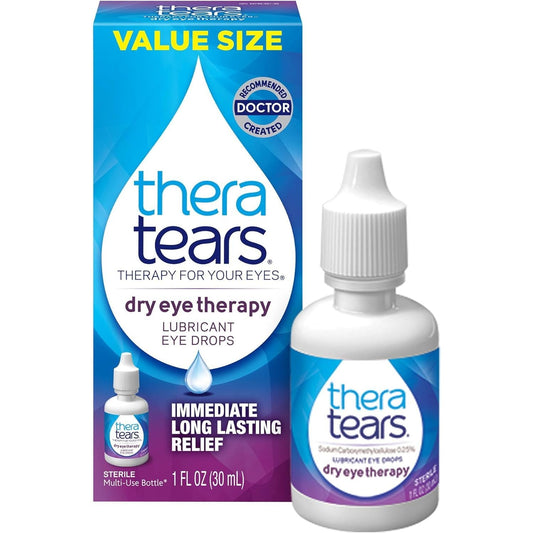 Thera Tears lubricant eye drops in a 1 oz bottle by Pasteur Pharmacy, designed to soothe dry and irritated eyes.
