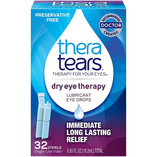 Thera Tears Lubricant Eye Drops in 32 vials by Pasteur Pharmacy, showing clear eye drop vials with twist-top caps.