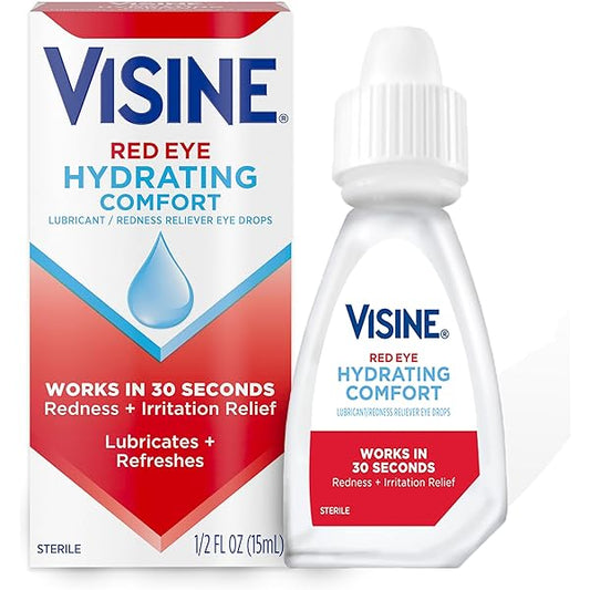 Visine Red Eye Drops by Pasteur Pharmacy, 15ml bottle, providing hydrating comfort for irritated, red eyes.