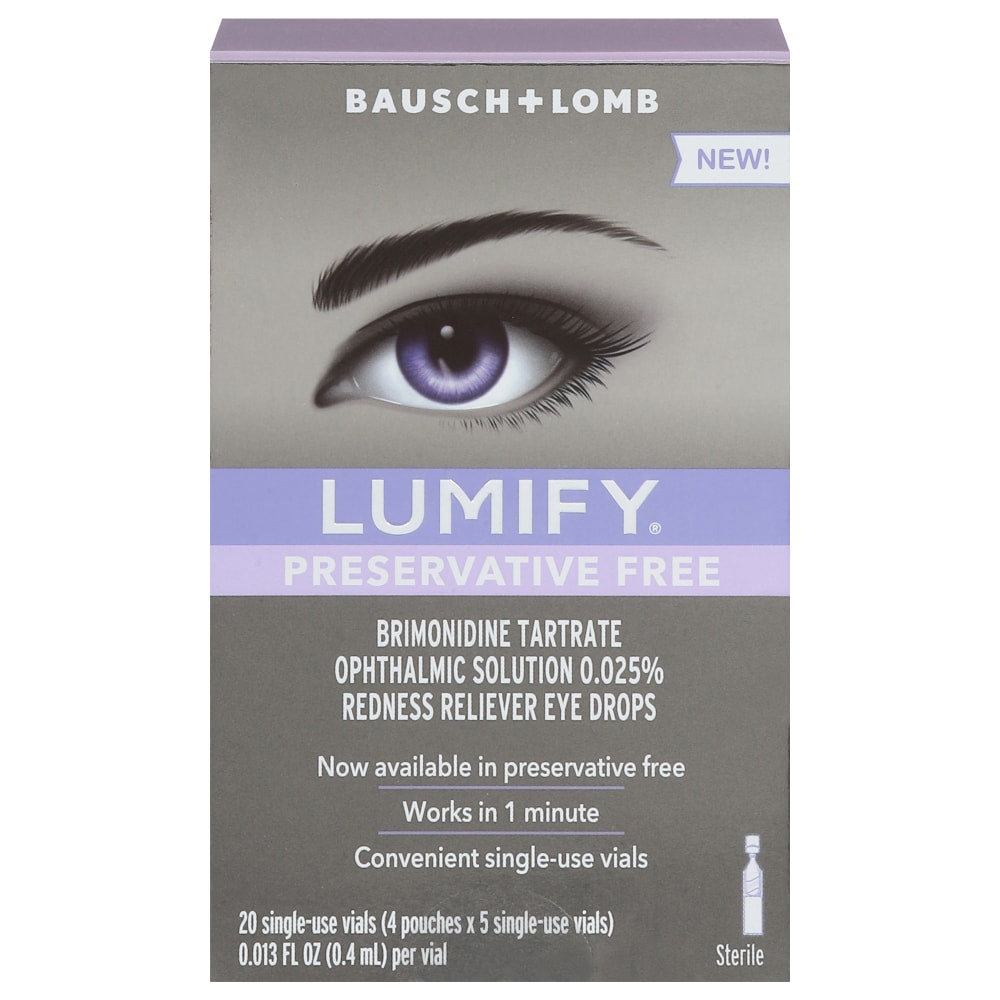 Bausch + Lomb Lumify preservative-free redness reliever eye drops in a small, clear bottle with a white cap.