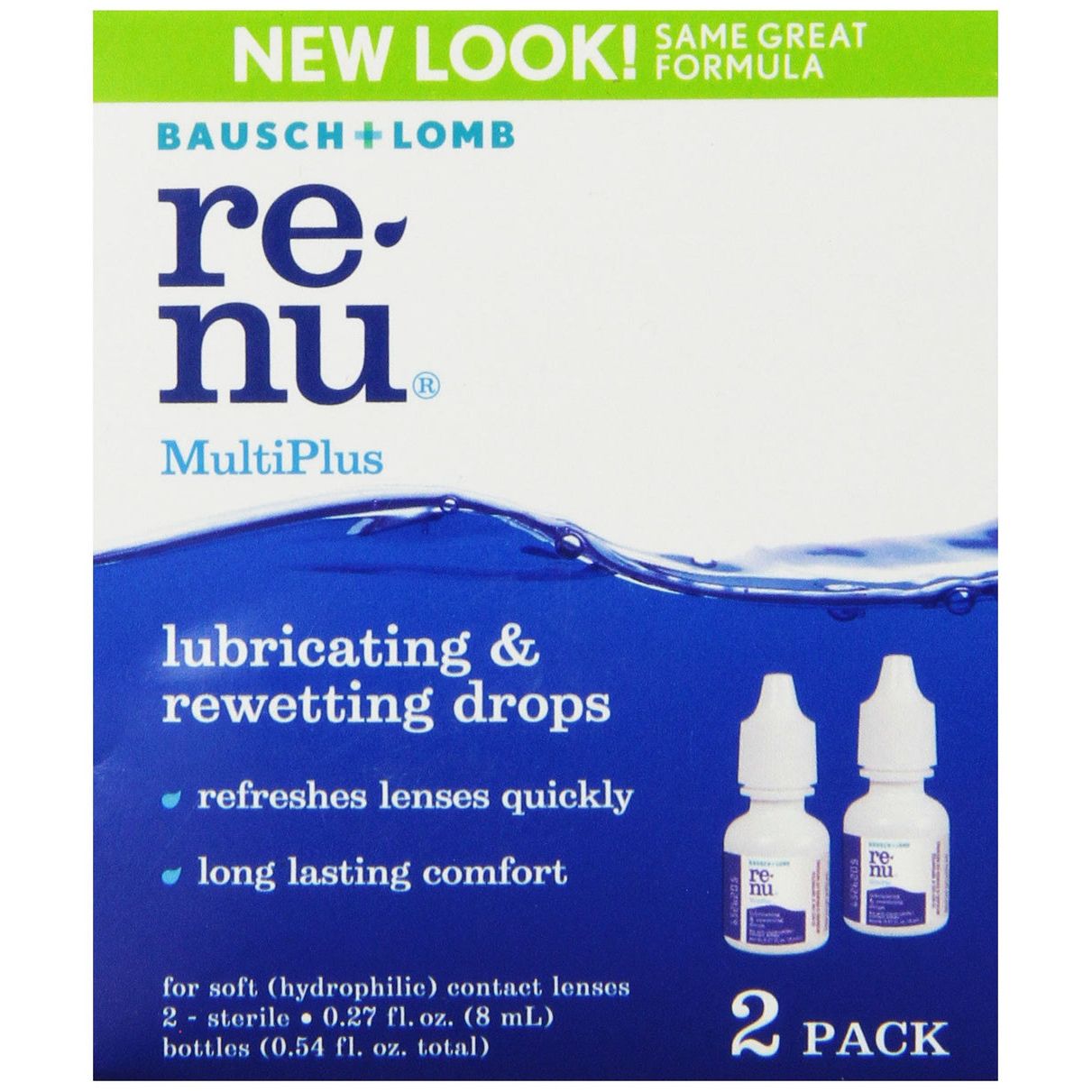 Bausch + Lomb ReNu MultiPlus lubricating eye drops in a bottle, designed to soothe and rehydrate dry eyes.