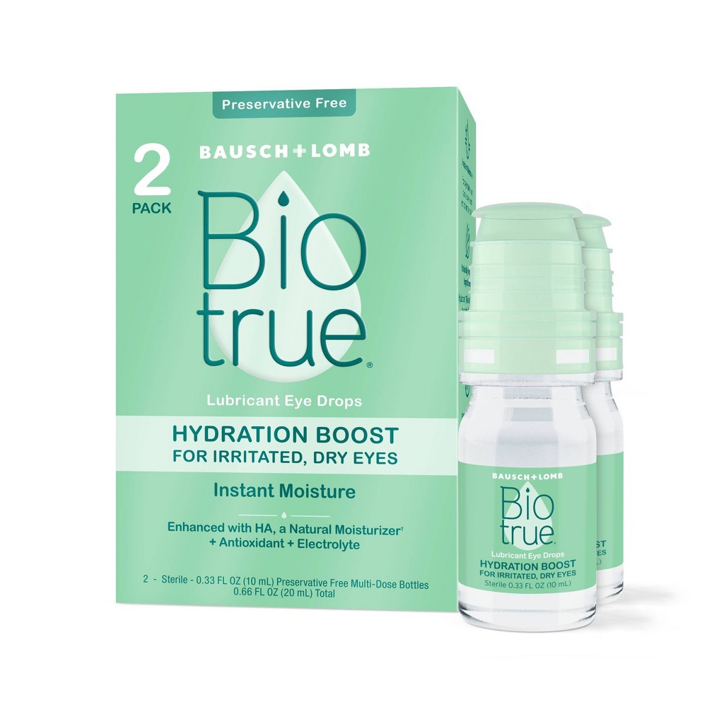 Biotrue Hydration Boost Dry Eye Drops twin pack in 0.66 fl oz bottles, lubricating and moisturizing dry, tired eyes.