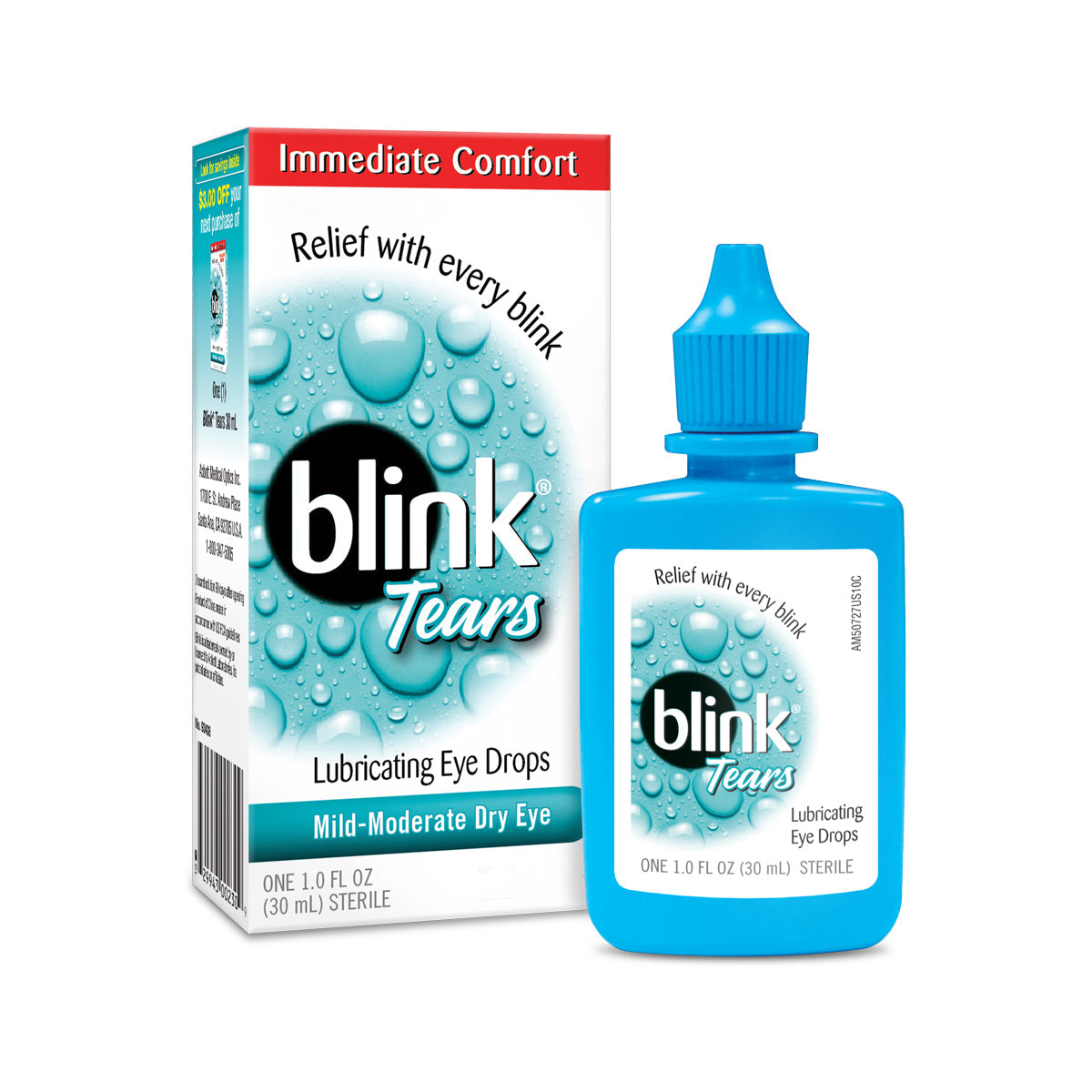 Blink Tears lubricating eye drops for mild to moderate dry eyes, 1 fl oz bottle designed to soothe and hydrate eyes naturally.
