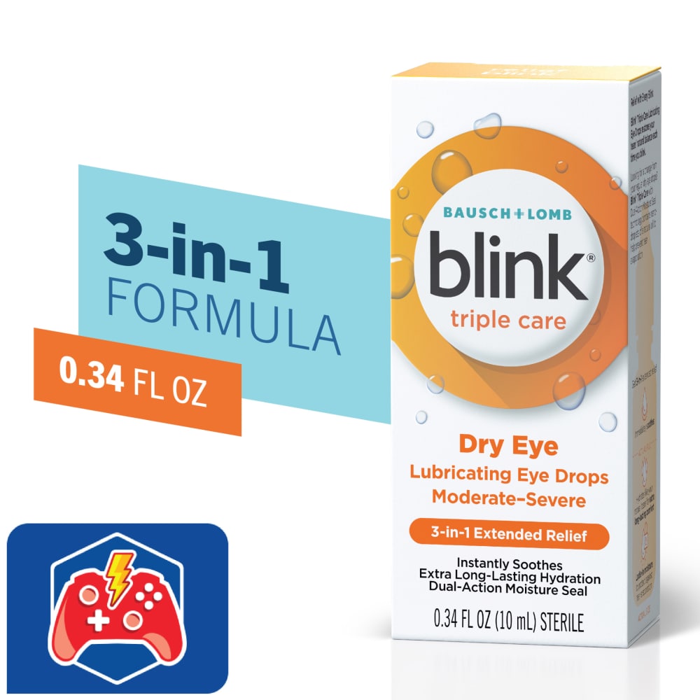 Blink Triple Care Lubricating Dry Eye Drops by Pasteur Pharmacy in 0.34 oz bottle for moderate to severe dry eye relief.
