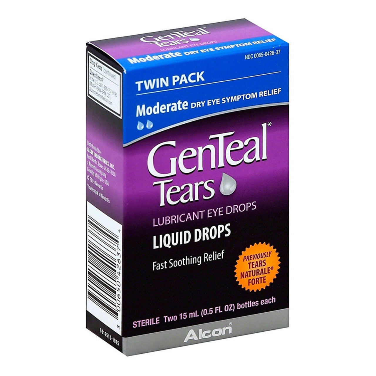 GenTeal Tears Lubricant Eye Drops twin pack for moderate eye relief, 0.5 oz bottles, designed to soothe dry, irritated eyes.