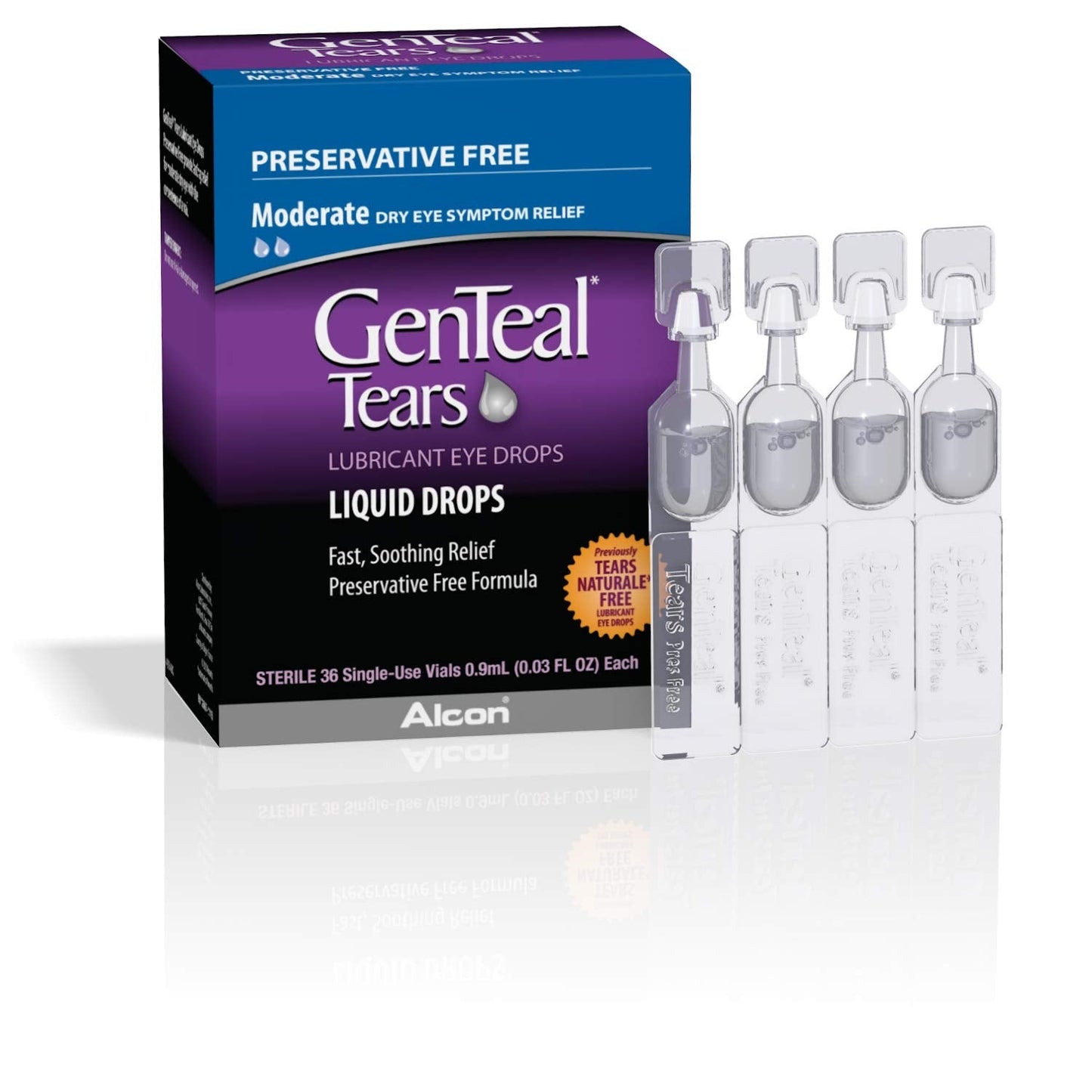 Genteal Tears lubricating liquid eye drops in a clear bottle with a white cap, designed to soothe and hydrate dry eyes.