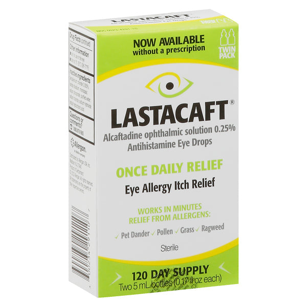 Two 5 mL bottles of Lastacaft antihistamine eye drops for allergy relief, labeled as Pasteur Pharmacy brand.