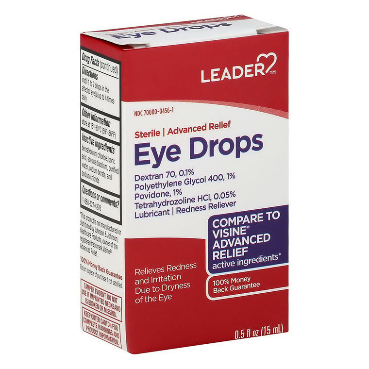 Sterile Leader Eye Drops by Pasteur Pharmacy in a 0.5 fl oz bottle, designed for advanced relief of dry or irritated eyes.