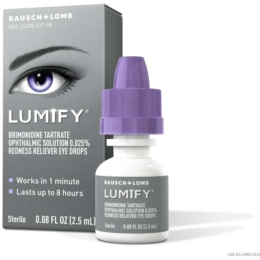 LUMIFY Redness Reliever Sterile Eye Drops by Bausch + Lomb in 0.08 fl oz bottle, designed to reduce eye redness and irritation.