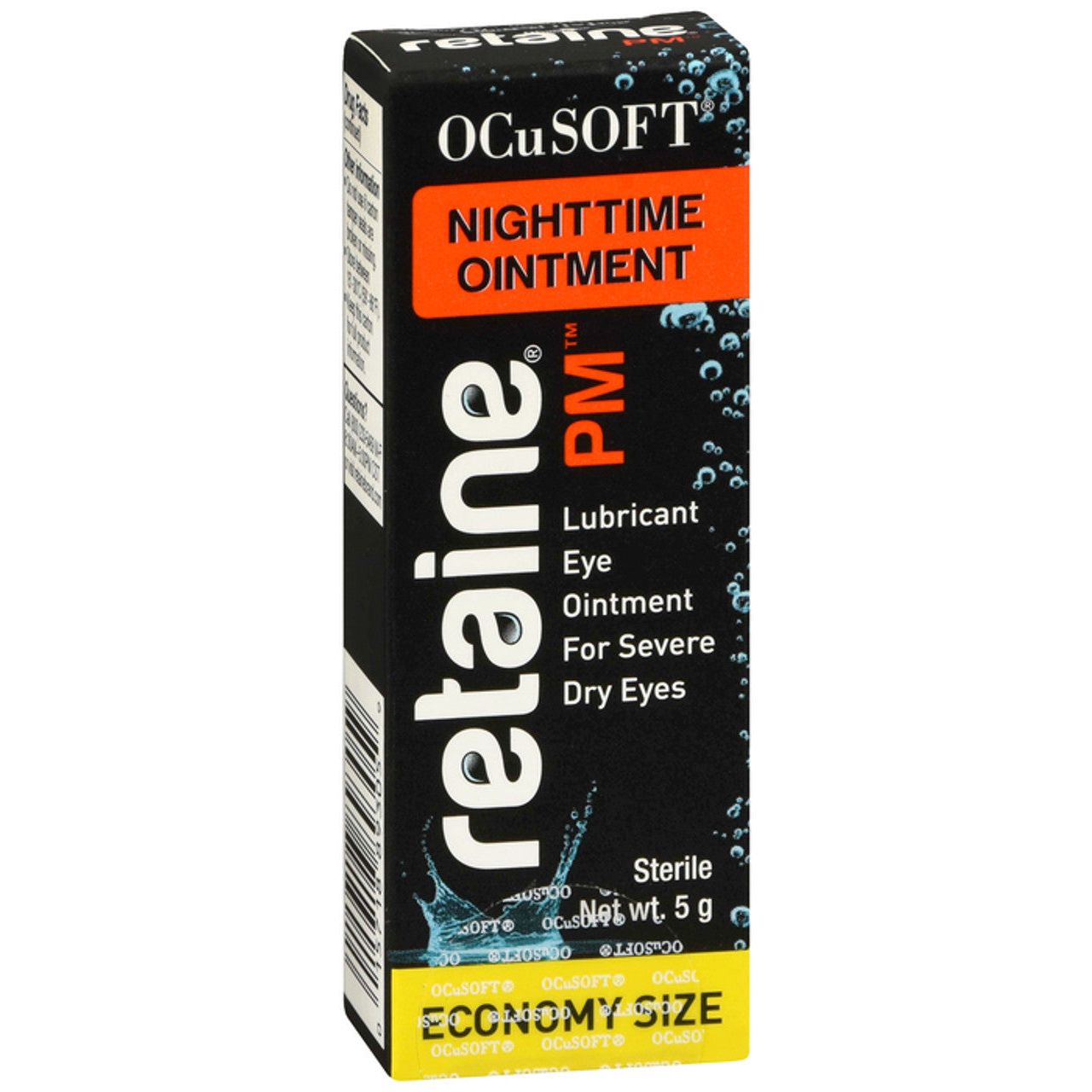 OCuSOFT Retaine PM eye ointment in a tube, used as eye lubricant for overnight eye care and relief from dryness.