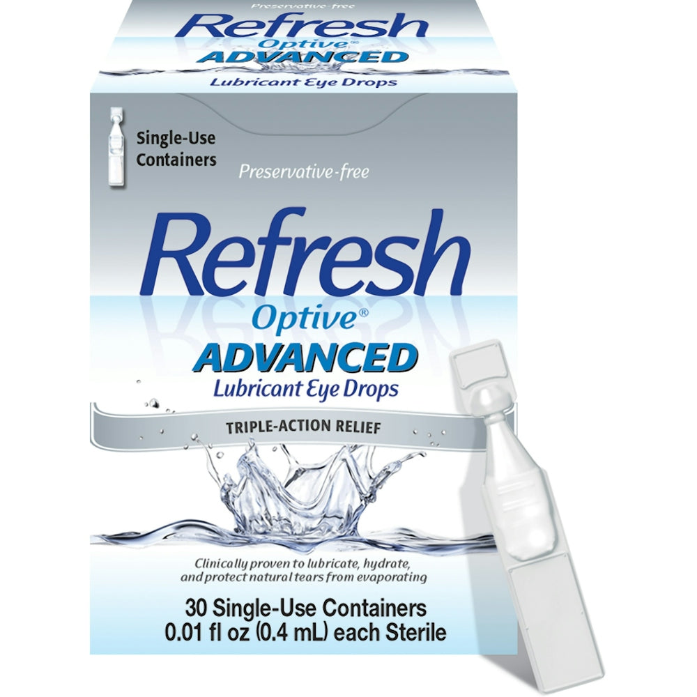 Refresh Optive Advanced preservative-free eye drops in 30 single-use containers, designed for lubricating and soothing dry eyes.