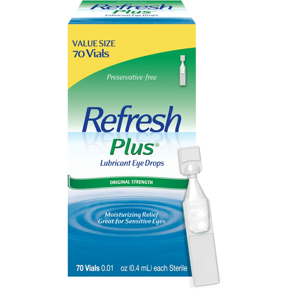 Pasteur Pharmacy Refresh Plus Original Strength Lubricant Eye Drops in 70 small vials, designed to soothe dry eyes.