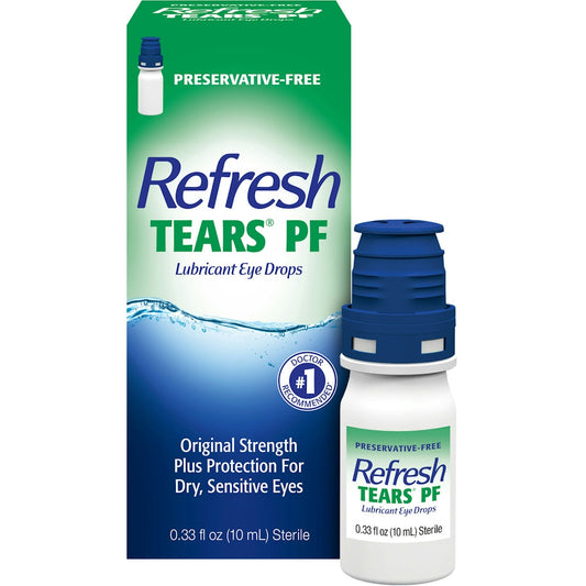 Pasteur Pharmacy Refresh Tears PF preservative-free lubricant eye drops in a 0.33 fl oz bottle, designed for dry and irritated eyes.