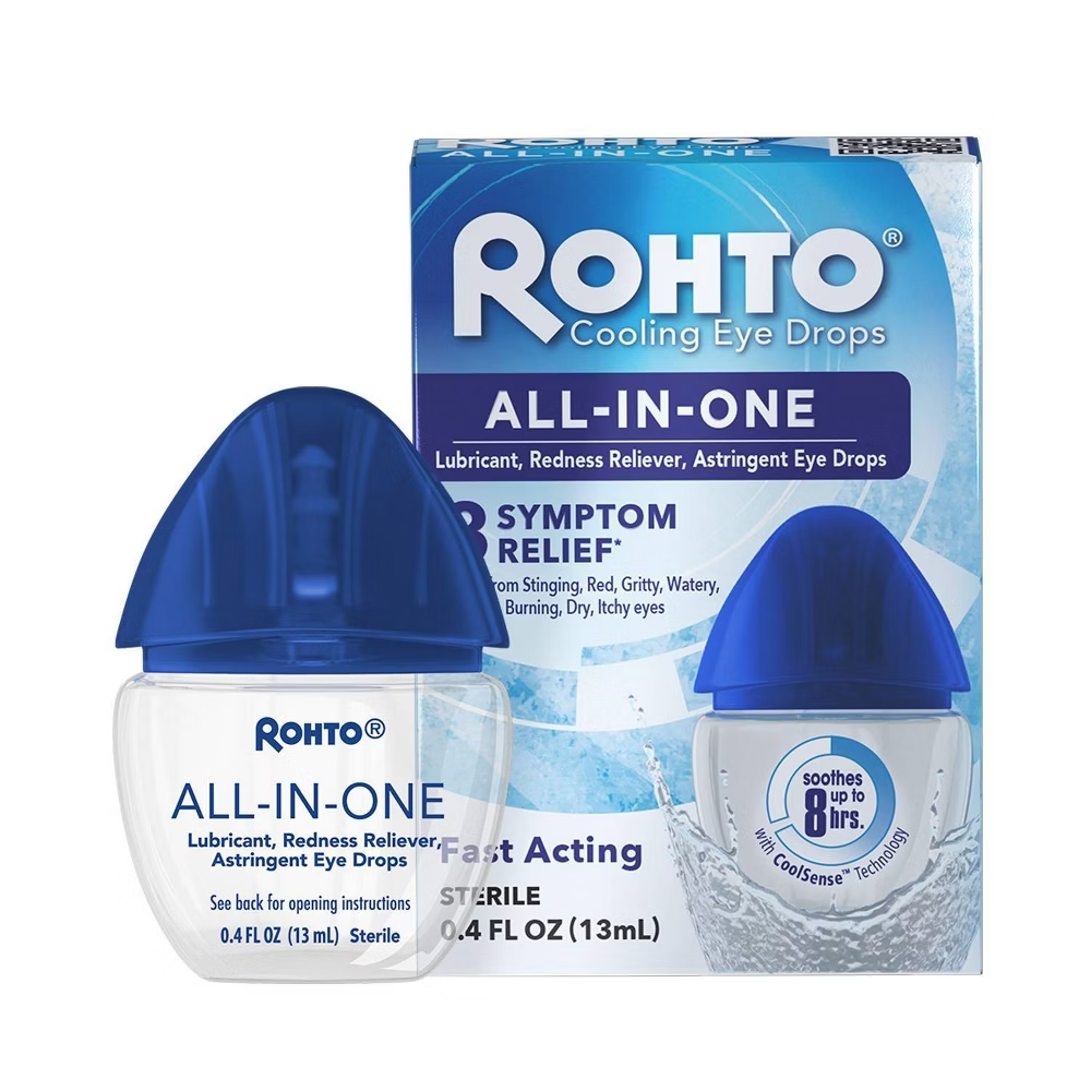 Pasteur Pharmacy Rohto Multi-Symptom Relief Cooling Eye Drops in a 4 oz bottle, designed to soothe irritated eyes and provide relief.