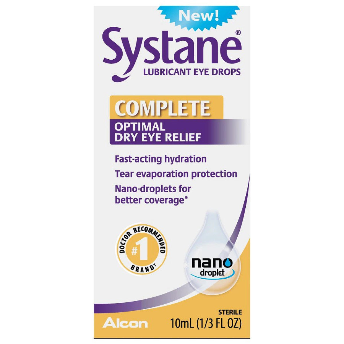 Systane Complete Lubricant Eye Drops in 0.33 fl oz bottle, providing relief for dry and irritated eyes.