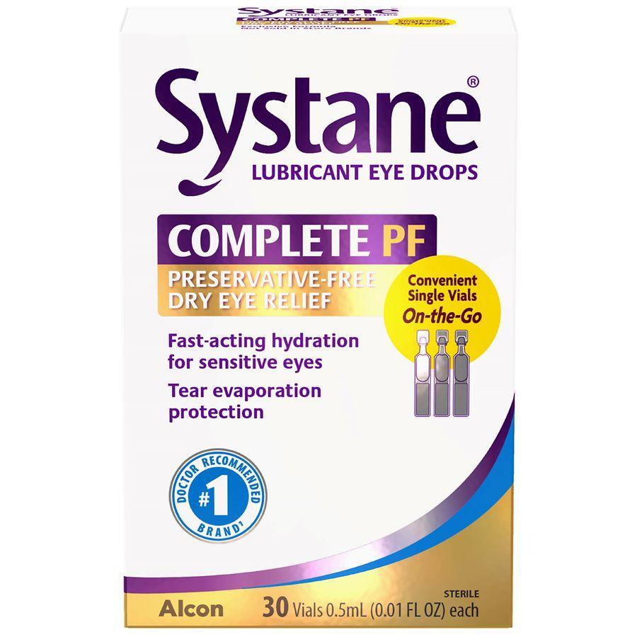 Systane Complete preservative-free lubricant eye drops in a clear container, designed to soothe and lubricate dry eyes.