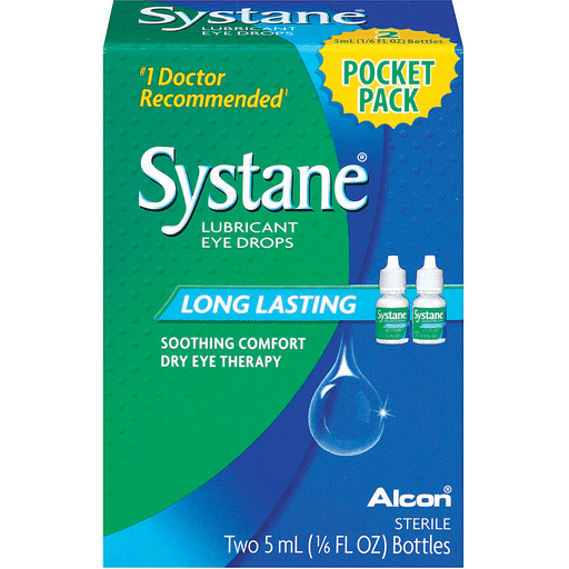 Systane Eye Drops lubricant bottle by Pasteur Pharmacy, designed for long-lasting eye moisture and relief.