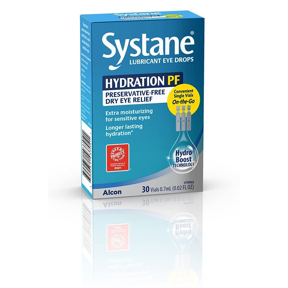 Systane Hydration PF lubricant eye drops vials, 30 count, from Pasteur Pharmacy, for dry and irritated eyes.