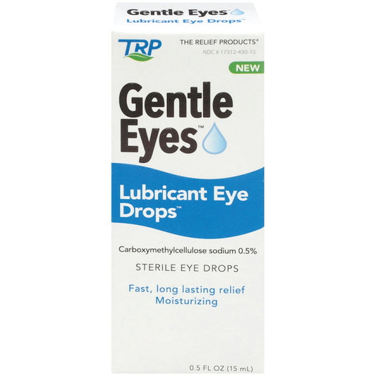 Pasteur Pharmacy The Relief Products TRP Gentle Eyes Lubricant Eye Drops in 0.5 fl oz bottle, clear liquid for eye comfort and hydration.